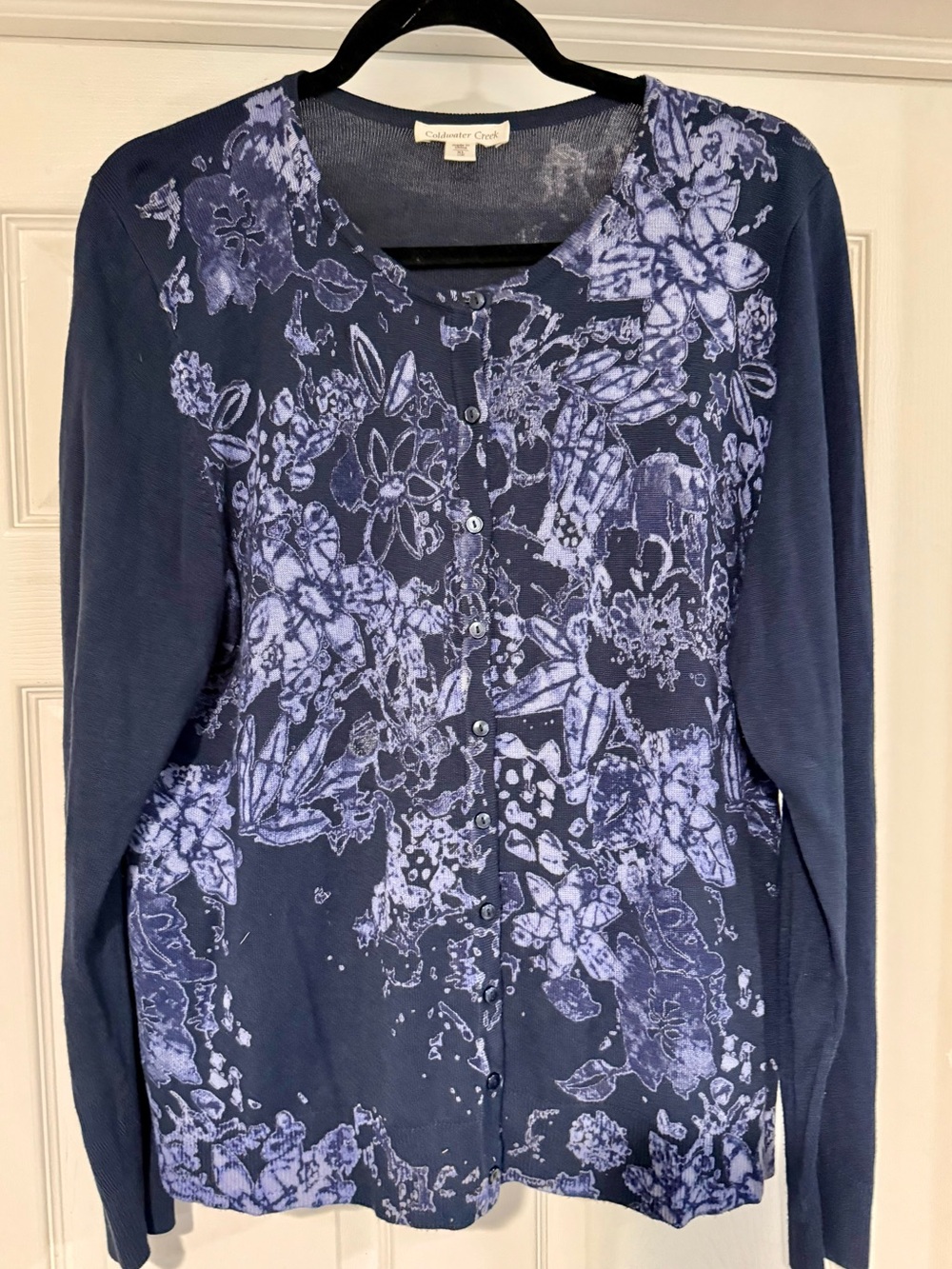 Coldwater Creek Navy Blue Floral Button-Front Cardigan
